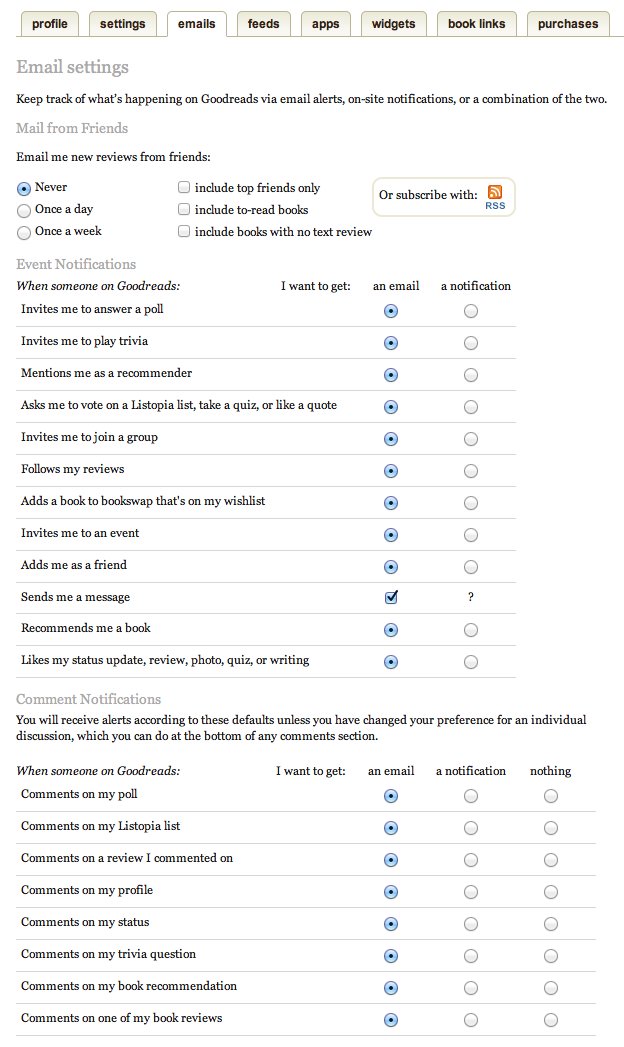 Goodreads email settings